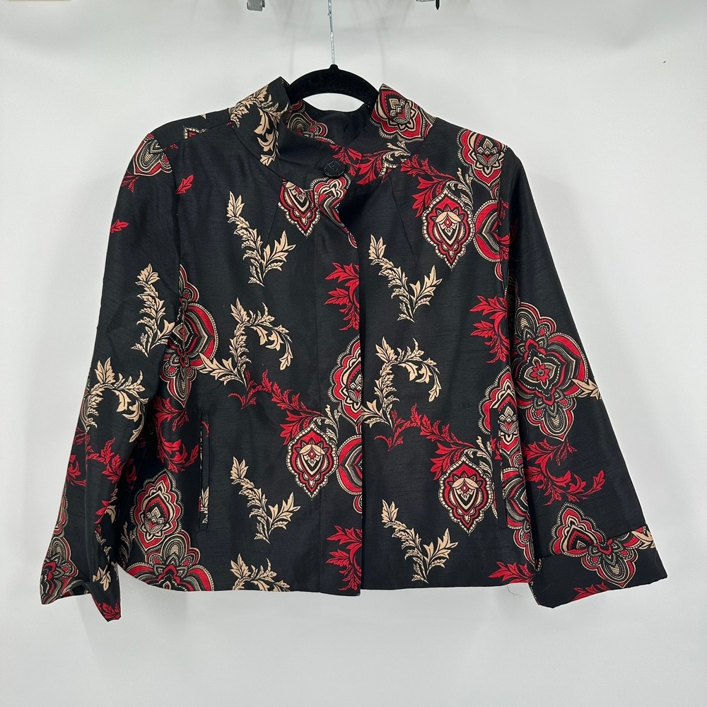 Chicos Womens Boho Damask Jacket Size 1 US M Ornate Art To Wear Evening Eclectic